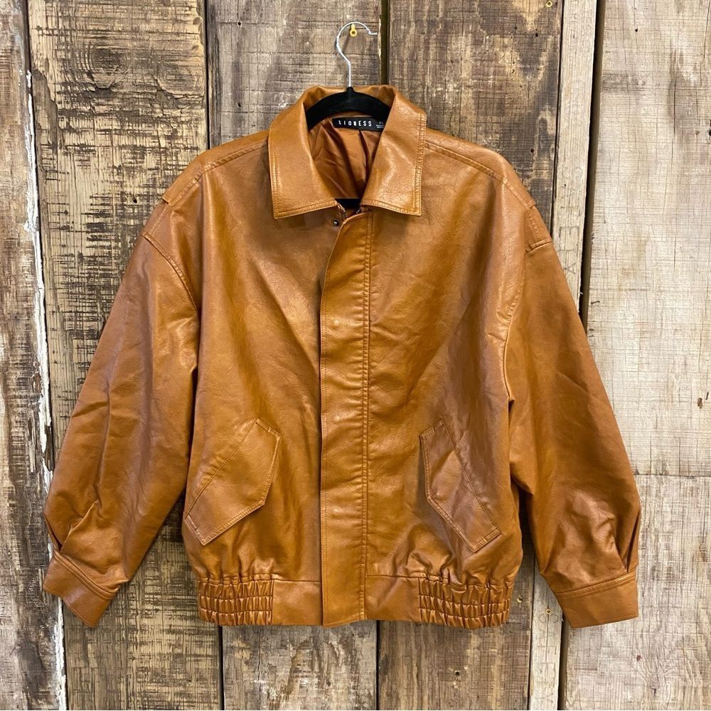 Lioness Kenny Bomber Tan brown jacket and skirt set vegan leather Revolve XS - Picture 8 of 12